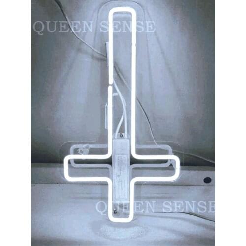 Custom Upside Jesus Cross White Acrylic Neon Light Lamp Sign Beer Bar Handmade Real Glass Decorate Home Wall Room Windows Tube