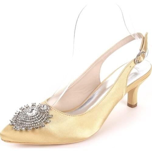 OnnPnnQ Kitten Heels Satin Wedding Slingbacks Pointed Toe Low Heels Crystals Shoes Evening Formal Bridal Party Dress Pumps