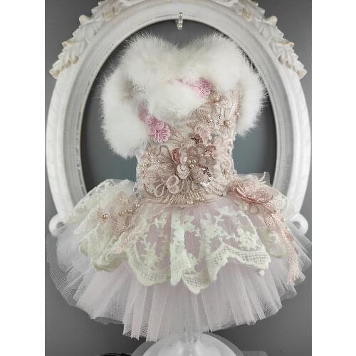 Free Shipping Handmade Dog Clothes Coat Dress Embroidery 3D Flowers Pearls Accessories Warm Fur Collar Lace Skirt Pet Cat Winter