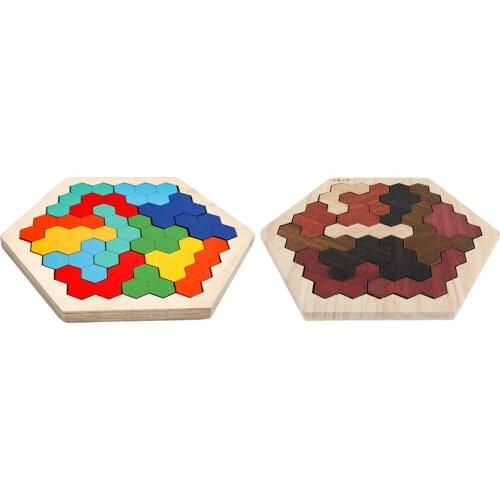 Wooden Hexagon Tangram Puzzle Chinese Classic 3D Puzzle Brain Teasers Portable Pre- Game Toys Gift