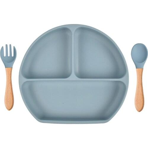Baby Food Grade Silicone Feeding Plate with Matching Wood Handle Spoon Fork Set Toddlers Divided Non-Slip Bowl Tableware