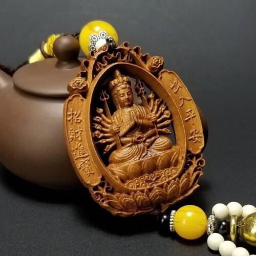Double sided Thailand holy buddha statue Keychain fengshui wood statues for decoration carved wooden Hanging ornament Miniature