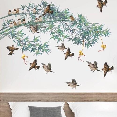 Chinese Style Bamboo Bird Wall Stickers Home Living Room Bedroom Decor Wallpaper Office Room Decoration Decals for Furniture