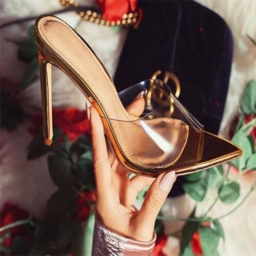 2020 Classic PVC Summer High Heel Slippers Open Toe Sexy Transparent Thin High Heels Solid Pointed Toe Gold Size 35-40