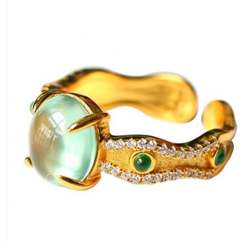 BOCAI New womens fashion style micro-inlay craft 925 silver gilded prehnite creative design women silver ring