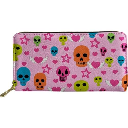 Cute Women Wallets Skull Print Large PU Leather Wallet Ladies Casual Long Clutch Purse Card Holder Portable Girls Coin Money Bag