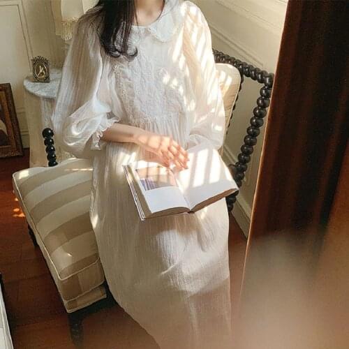 Vintage Embroidery White Cotton Womens Long Nightgowns Sweet Floral Sleepwear Elegant Female Spring Autumn Night Dress