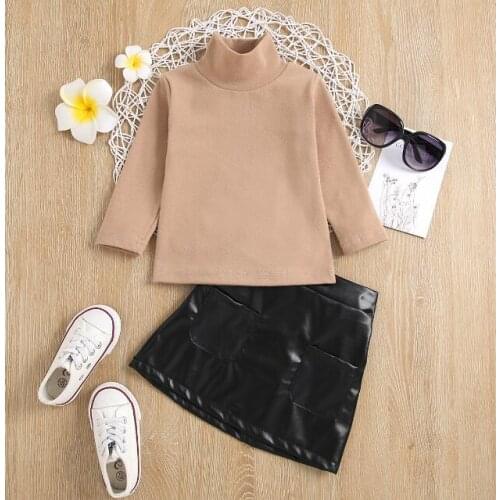 Citgeett Autumn Kids Baby Girls Outfit Solid Color Long Sleeve High Collar Tops + Pocket Short PU Leather Skirt Spring Clothes