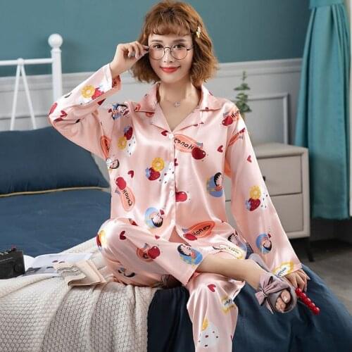 2021 Spring Summer Long Sleeve Silk Satin Print Pajama Sets for Women Korean Sleepwear Pyjama Homewear Pijama Mujer Home Clothes
