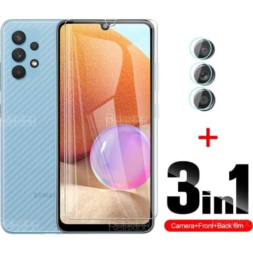 3 In 1 Full Cover Camera Lens Film Front Tempered Glass And Soft Carbon Back Fiber For Samsung Galaxy A32 4G Sansung A 32 6.4"
