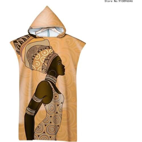 African Woman Music Girl Beach Towel Gold Cartoon Cape Hooded Bath Towel Poncho Quick Dry Bathrobe Beachwear Girls Towels