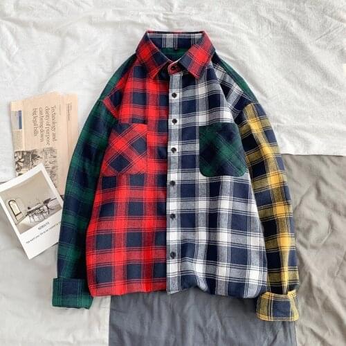 Fashion Plaid Patchwork Pocket Shirts For Men 2020 New Spring Man Casual Blouse Boyfriend Women Oversized Shirts 5XL