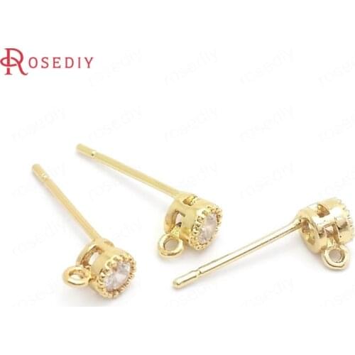 37843)10PCS 4MM 24K Gold Color Brass with Zircon Round Stud Earrings Pins Jewelry Making Supplies Diy Findings Accessories