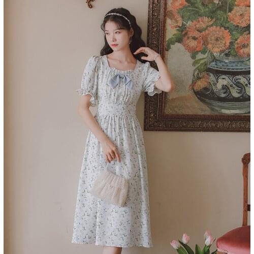 Summer Floral Dress 2021 Ruffled Round Neck Chic Cute Bow Print Chiffon Sweet Kawaii Dresses Vestidos