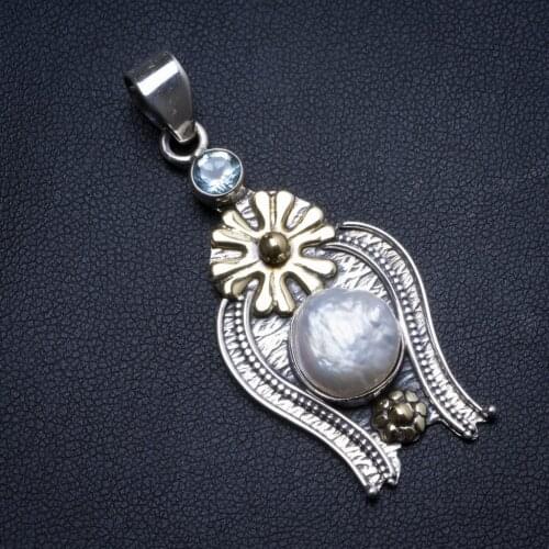 Natural Biwa Pearl and Blue Topaz Handmade Unique 925 Sterling Silver Pendant 2" X0328