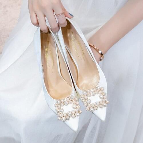 BaoYaFang 2020 Autumn NEW white wedding shoes Bridal High heels shoes ladies big size party dress shoes woman High Pump