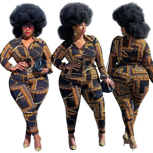 Plus Size Womens Clothing Casual Printing Two Piece Slim Fit Turn Down Collar Shirt Tight Pants Suits Wholesale Dropshipping