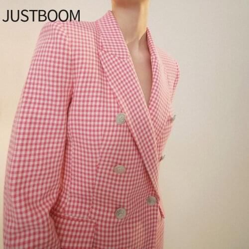 2021 Summer New Womens Casual Suit fashion Plaid Jacket Double-breasted Long Sleeve Office Blazers