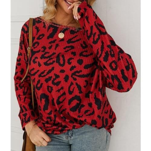 Leopard Print Cold Shoulder Sweater Women Long Sleeve Loose Casual Pullover MX0018