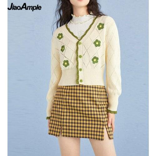 2021 Spring Autumn Women Hollow Out Knitted Cardigan Lady Sweet Floral V-Neck Long Sleeve Short Tops Coats Thin Chic Outerwear