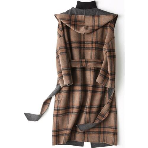 2020 Spring Autumn Wool Coat Female Sided Long Winter Jacket Women England Style Plaid Woolen Coats Hooded 37129 WYQ1174
