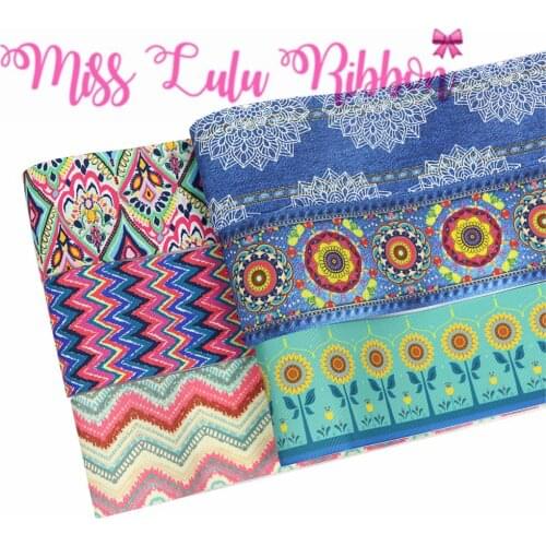 16mm-75mm Jeans Retro Flower Wave Printed Grosgrain/Foe Ribbon Denim Like DIY Hair Bowknots 50yards/roll