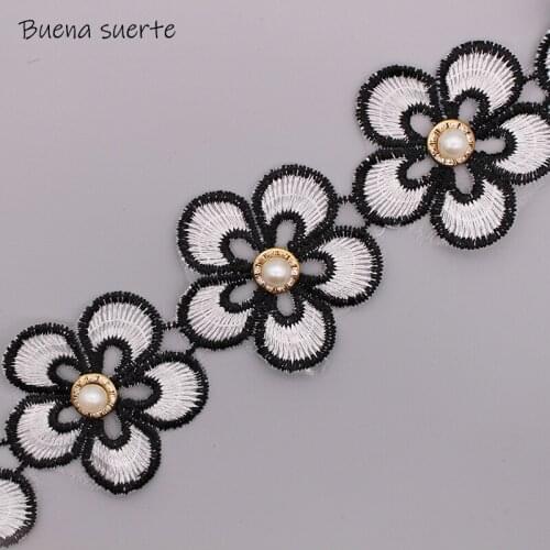 1Y White Black Pearl Diamond Flower Handmade Beaded Embroidered Lace Trim Ribbon Double Layered Applique Dress DIY Sewing Craft