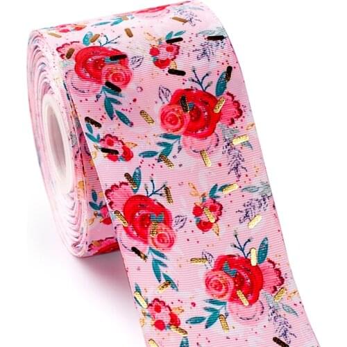 3Inch Gold Foil Printed Flower and Candy Handmade Crafts Materials Grosgrain Ribbon Glitter 2 yards