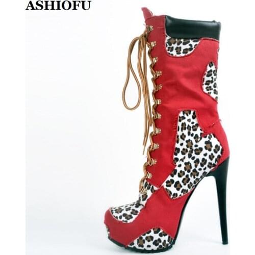 ASHIOFU New Classic Handmade High Heel Boots Patchwork Party Prom Club Ankle Boots Shoelace Winter Evening Dance Fashion Boots