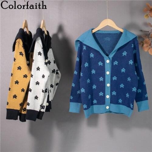 Colorfaith New 2021 Women Autumn Winter Sweaters Sailor Collar Fashionable Floral Oversized Short Cardigans Retro Tops SWC1354JX