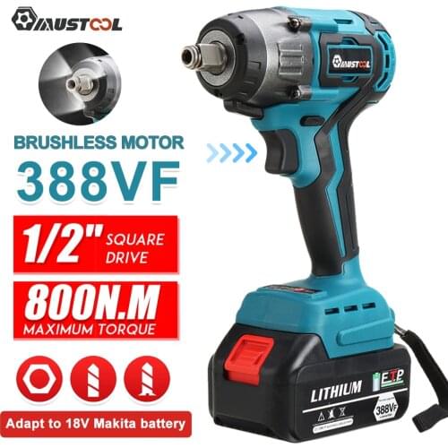 MUSTOOL 800N.m 388VF Brushless Electric Impact Wrench 1/2 Square Rechargeable Cordless Wrench Power Tools for Makita 18V Battery