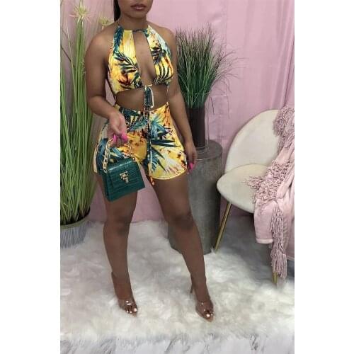 Felyn 2020 Novelty Chic Design 2 pcs Women Set Print Halter Strapless Backless Short Tops and Shorts Summer Beach Outfits