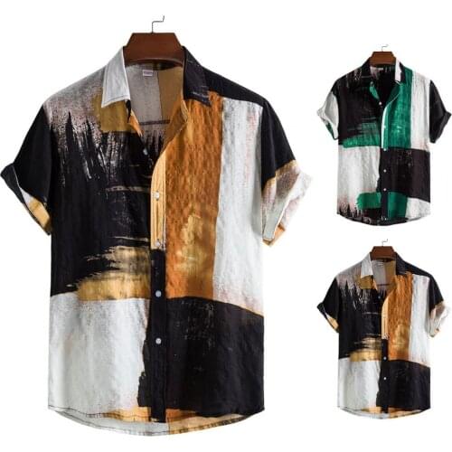 Short Sleeve Men Shirt Turn-down Collar Casual Patchwork Print Loose Hawaiian Shirt Beachwear