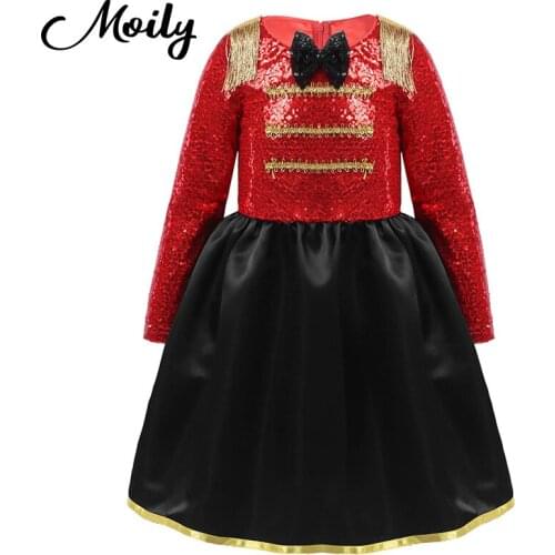 Red Kids Girls Shiny Sequined Dress Round Neck Long Sleeve Gold Tassel Decorated Shoulder Flashy Party Dress Stage Performance