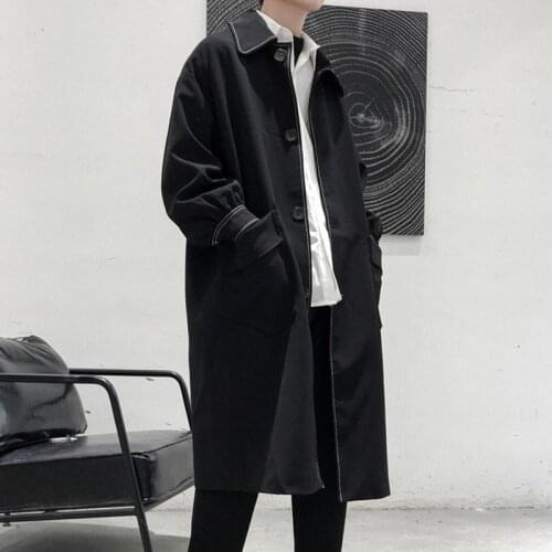 Mens Black Long Loose Overcoat Windbreaker Spring Autumn Outwear High Street N32