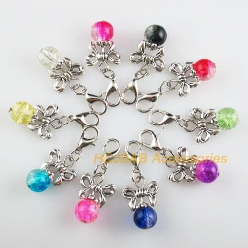 10Pcs Tibetan Silver Tone Bowknot Retro Mixed Shivering Glass 14x20mm With Lobster Claw Clasps Charms