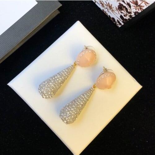 Hot Brand Yellow Gold Color Fashion Jewelery Woman Pearls Earrings Pink Party High Quality Water Drop Crystal Studing Jewelry