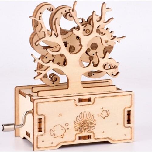 Intelligence Development 3D Puzzle Handmade Wooden Assembly Model Educational Childrens Toys Octopus Hand-Cranked Music Box