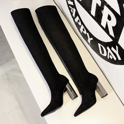 2020 Women over the knee Boots Slip on Autumn Winter Shoes Thick heeled Elastic Suede Thigh high boots High heels Warm Long boot