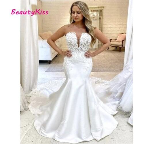 Sexy Wedding Dresses Mermaid Strapless V-Neck Satin Lace Appliques 2021 New Design Vintage Simple Bride Gowns Custom Made