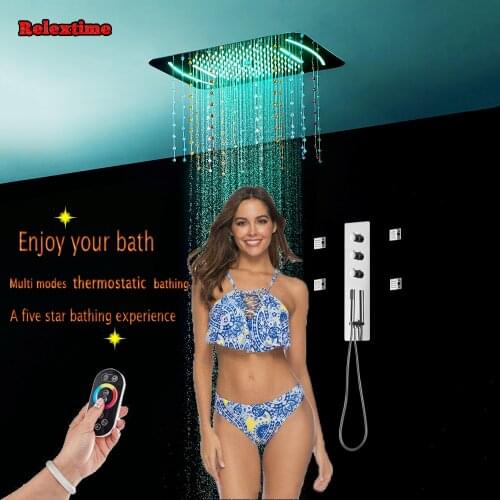 Thermostatic Concealed Shower Set Panel Bathroom Mixer Faucet Bath Tap Crystal quart Ceiling Shower Head Rain Mist Massage Jets