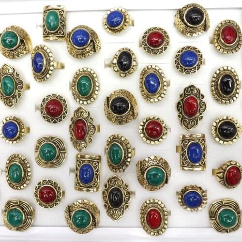 Gold Color Vintage Natural Stone Rings Adjustable Mixed Lot For Gift 50pcs Wholesale