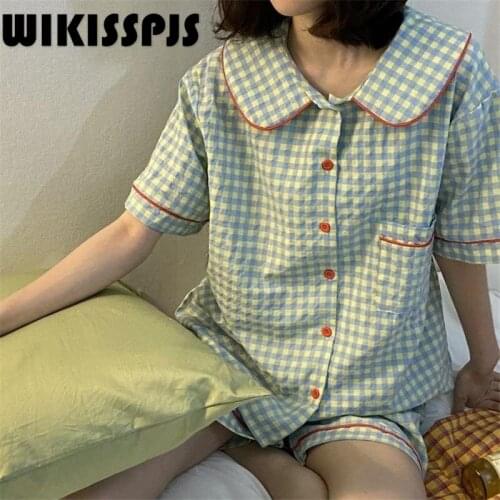 WIKISSPJS Summer New Short Sleeve Loose and Lovely Lapel Plaid Pajamas for Students Pajamas for Teen Girls Loungewear