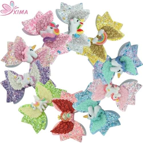 XIMA 10pcs/lot Unicorn Design Angel Wing Bow Sparkly Hair Clip Kids Barrettes for Girls Hair Accessories 3inch Glitter Hair Bows
