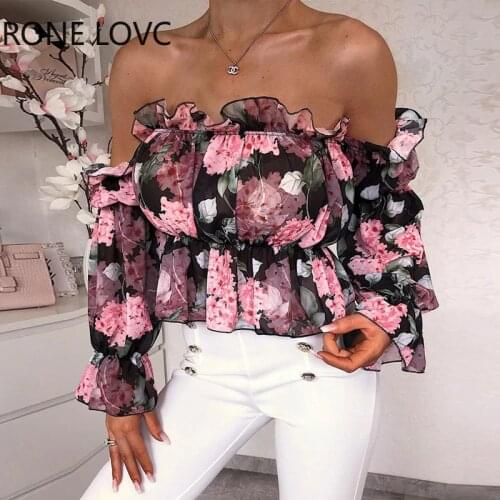 Women Floral Print Off Shoulder Ruffles Blouse Spring Tops and Blouses