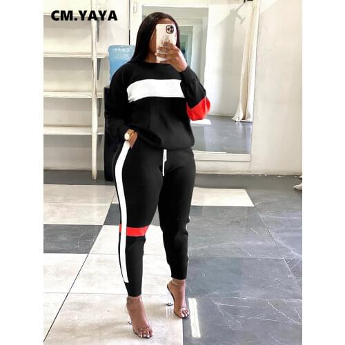 CM.YAYA Active Two 2 Pieces Set for Women Fall Winter Fitness Outfit Pullover Sweatshirt + Jogger Pants Sporty Street Tracksuit