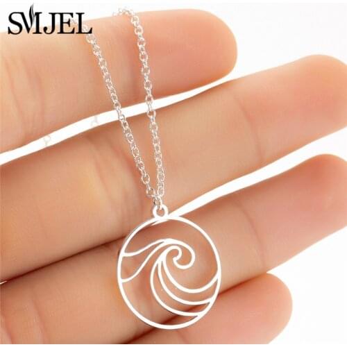 SMJEL Stainless Steel Wave Necklaces Pendants Circle Beach Surfer Jewelry for Women Ocean Wave Charm Choker Necklace Collar