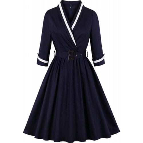 4XL 3XL Plus Size Autumn Women Retro Dress 50s 60s Vintage Rockabilly Swing Feminino Vestidos V Neck 3/4 Sleeves Midi Dresses