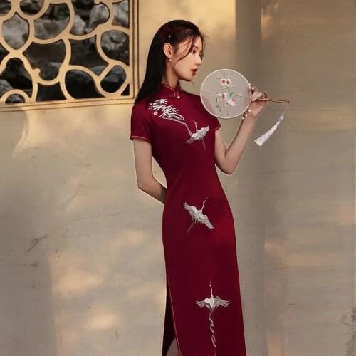 2021 Chinese Qipao Traditional Cheongsam Dress Women Wine Red Black Vintage Elegant Dresses Embroidery Cosplay Summer Autumn