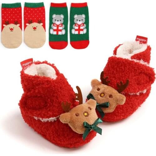 Winter Baby First Walk Shoes Girl Boy Soft Anti-slip Shoes Christmas Deer Santa Claus Baby Shoes+2 Headbands